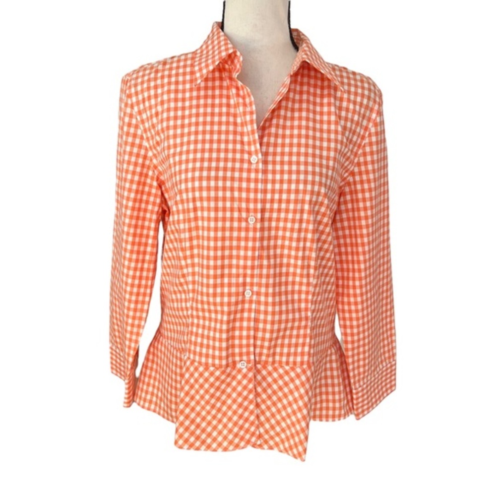 Lauren Ralph Lauren Orange and White Gingham Peplum Button-down Top 12 cotton.